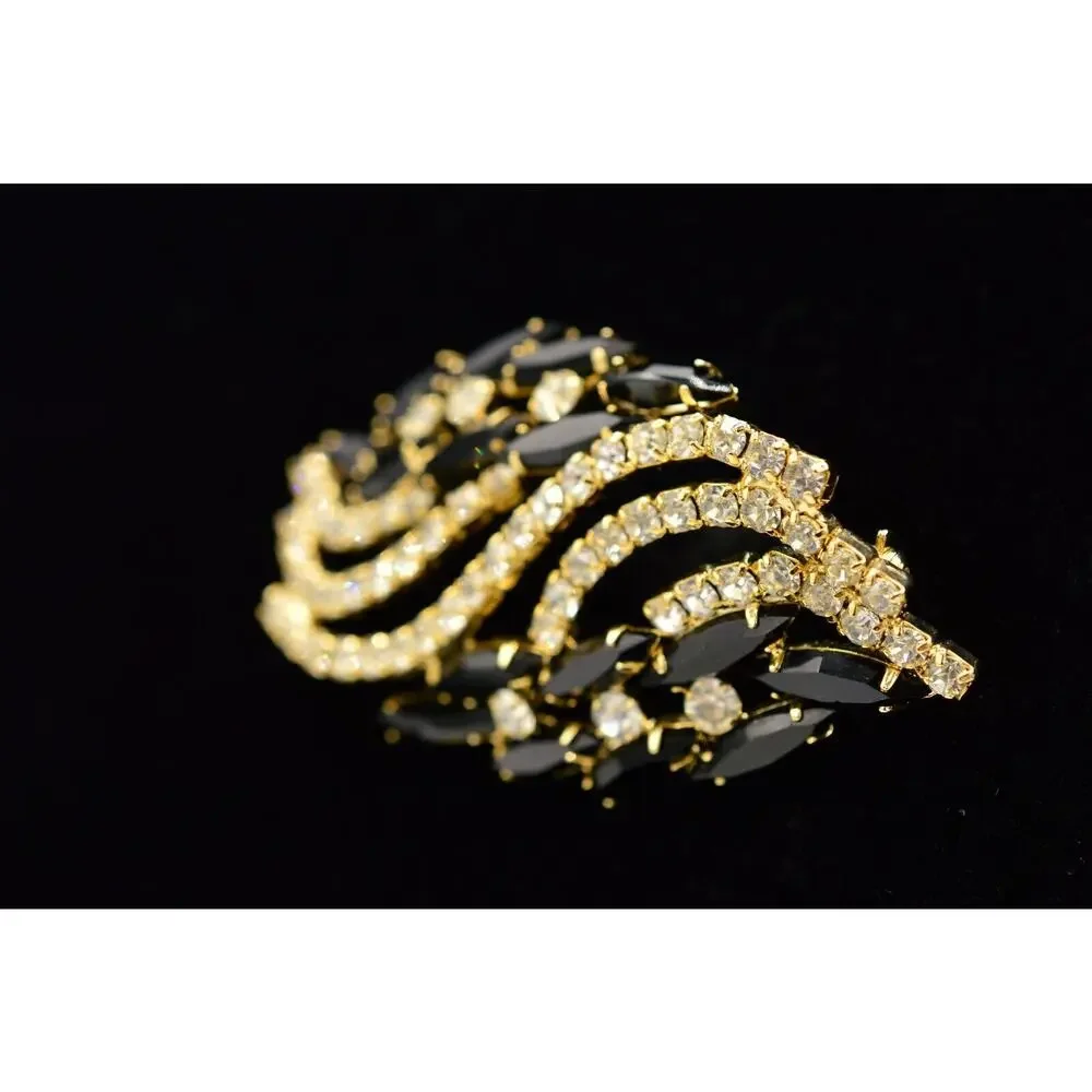 Vintage Prong Crystal Pin Brooch Marquise Rhinestone Black Chunky 1960s BinV